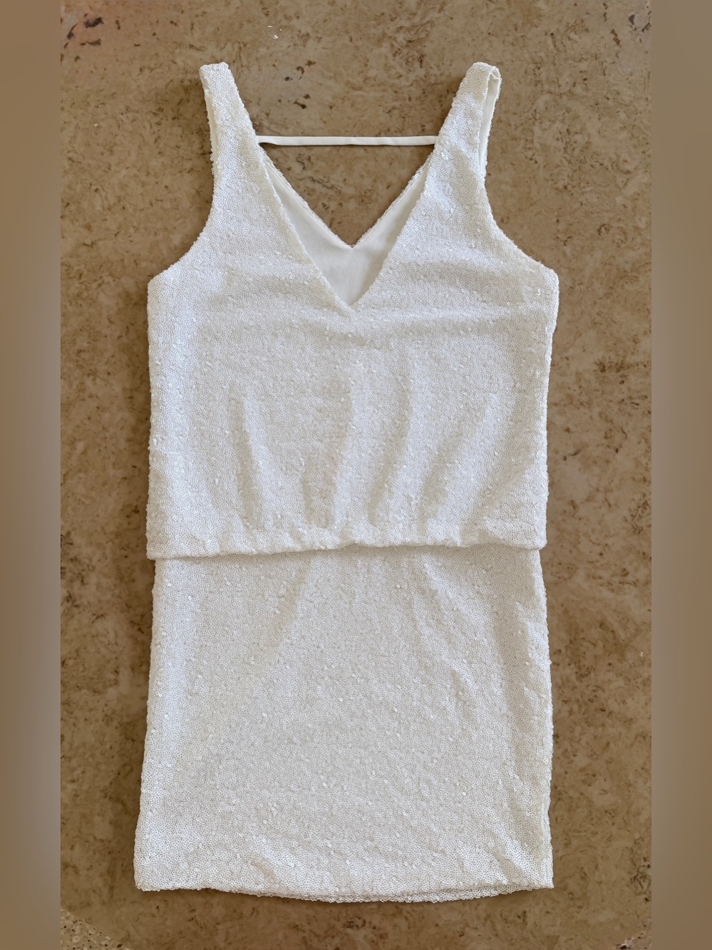 ESLEY White Sequin Blouson V-Neck Mini Dress Size Small NWT